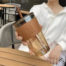 Leather Double-Walled Insulated Drinking Cup,(Brown) 450 ML Glass Coffee Mug-image-39