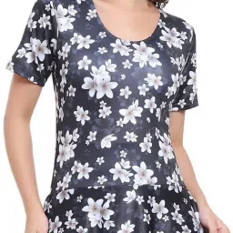 One Piece Swimming Costume for Women Removable Pads Half Sleeves Half Length Printed Women Swim-dress Black Swimsuit-image-58
