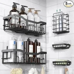 5 pcs Bathroom Organizer, Self adhesive 5 in 1 Combo for Bathroom Rack Iron Wall Shelf-image-26