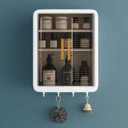 gloxy Storage Cabinet with Hooks for Kitchen | No Drill Self Adhesive Bathroom Shelf White Towel Holder-picture-0