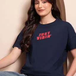 mast & harbour Women Printed Round Neck Pure Cotton Blue T-Shirt-picture-44