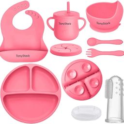 6 Pcs Silicone Baby Feeding Set, Tableware Kit - Feeding Bowl, Suction Plate, Cup, Spoon, Fork & Bib for Kids, Toddler - Silicone-image-2