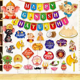 zyozi Multicolor Ganesh Puja Decorations Items-Banner, PhotoBooth Props & Cardstock (Pack of 29)-picture-13