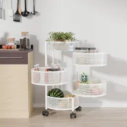 4+1 Layer Kitchen Metal Storage Rack with Wheels | Round Shape - White Iron Kitchen Trolley-image-89