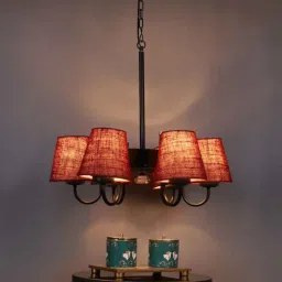 new era Devansh 06 Light Black Iron Powder coated Chandelier With Maroon Jute Shade (19x19x24 ) Inches-picture-21