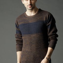 Men Self Design Round Neck Blue, Brown Sweater-image-13