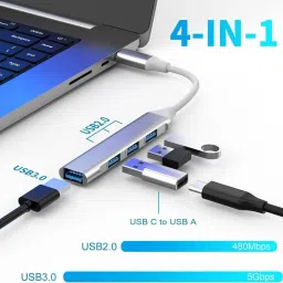 ULTRABYTES 4 in 1 Portable USB C Hub (Type-C to 4 USB-A Ports) with Aluminum Shell USB Port Hub 3.0 Compatible for PC, Tablet, and Smartphone USB Hub image 2