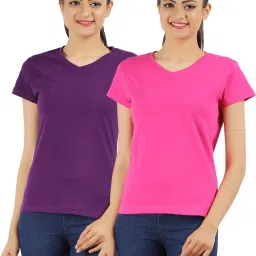 Pack of 2 Women Solid V Neck Pure Cotton Purple, Pink T-Shirt-image-74