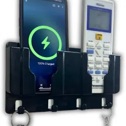 thekiteco. Wall Mount Mobile/Remote Stand with Space for 2 Mobiles & Key Hanger - Black Mobile Holder-picture-7
