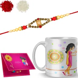 Designer Shree-Dora10-21_Rudra_S1 Gold Finish Rakhi, Chawal Roli Pack, Greeting Card, Mug Set-7