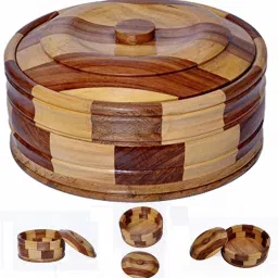 Solid Sheesham Wood Hot Pot Roti Box Set Casserole Sets Chapati Storage Serve Casserole Set-image-59