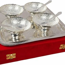 Silver Plated Brass Bowl Set with Tray - Pack of 9 Bowl, Tray, Spoon Serving Set-image-50