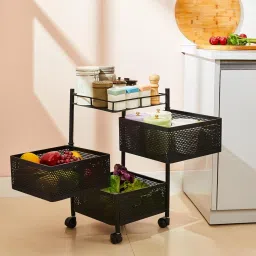 3 layer Rotating Kitchen Trolley basket Organizer fruit vegetable trolley Carbon Steel Kitchen Trolley-image-45