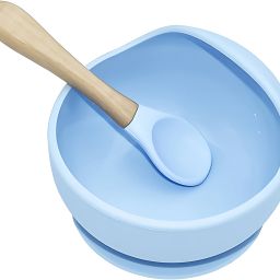 Baby Bowl With Wooden handle spoon Flexible suction base Kids Training Feeding - Food-Grade Silicone-image-91