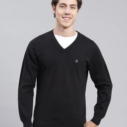 Men Solid V Neck Black Sweater-image-3