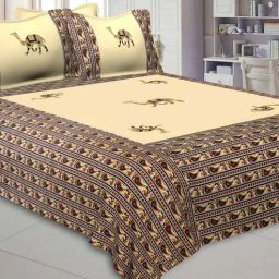 Cream Jaipuri Hand Made Embroidery Patch Work 240 TC Cotton 1 Double Bedsheet with 2 Pillow Covers by Jaipur Fabric-picture-49