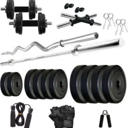 30 kg Fitness Combo of 5 Feet Straight Rod , 3 Feet Curl Rod , Pair of Dumbbell Rod , Gym Gloves , Skipping Rope , Hand Grip and 30kg of Rubber Plates ( 5kg x 2 , 3kg x 4 , 2kg x 4 ) Home Gym Combo-5