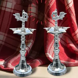 Silver Plated Brass Peacock Kerala Samai Mahabharat Panchmukhi Diya.2PCS Brass, Silver Plated (Pack of 2) Table Diya Set-42