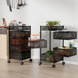 Pack of 2 Kitchen 4+1 Layer Metal Storage Rack with Wheels | Square Shape -Black Iron Kitchen Trolley-image-28