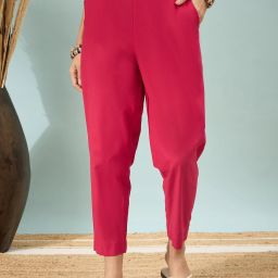 Women Regular Fit Red Pure Cotton Trousers-image-63