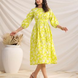 janasya Women Gathered White, Light Green Midi/Calf Length Dress-picture-23