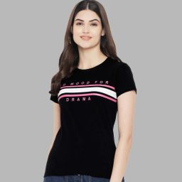 Typography Women Round Neck Pure Cotton Black T-Shirt-image-74