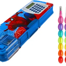 Multipurpose Magnetic Spiderman Pencil Box 2 Unicorn Pens,2 Stone Pencil Combo Geometry Box With Calculator,Sharpner Avenger Theme Pencil Case For Girls & Boy Art Plastic Pencil Box-16
