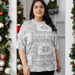 Plus Size Women Printed Round Neck Pure Cotton White T-Shirt-image-3