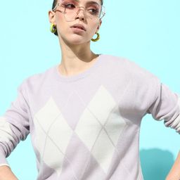 Mast & Harbour Women Lavender & White Argyle Printed Pullover-image-22