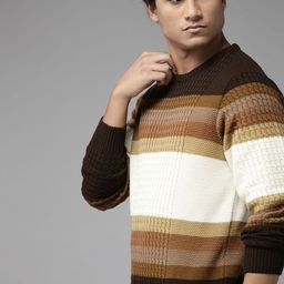 The Roadster Lifestyle Co. Men Brown & Cream-Coloured Striped Acrylic Pullover-17