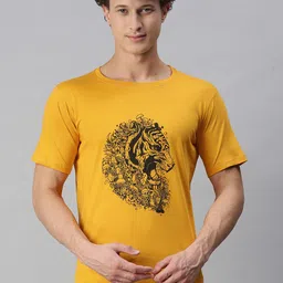 BRATMA Men Mustard Yellow Animal Printed Round Neck Regular Sleeves Cotton T-shirt-image-26