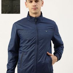 Peter England Men Olive Green & Blue Solid Reversible Bomber Jacket with Zip Detail-image-95