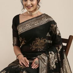 Saree mall Black Floral Linen Blend Banarasi Saree-picture-3
