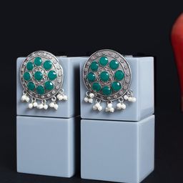 Golden Peacock Green & Oxidised Silver-Toned Floral Circular Ethnic Studs-16