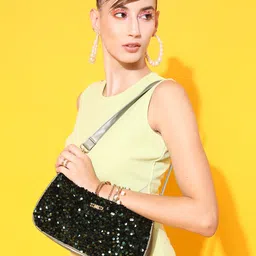 STREET 9 Green Embellished Sequined  PU Structured Shoulder Bag-15