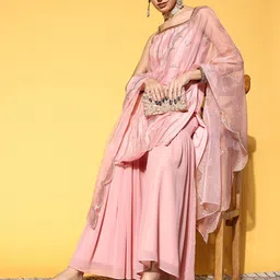 Varanga Women Peach-Coloured Striped Kurta with Sharara & Dupatta-picture-34