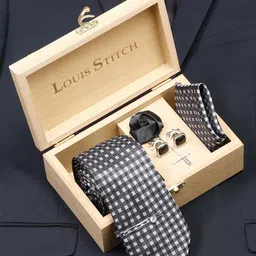 LOUIS STITCH Men Checked Black Italian Silk Necktie Accessory Gift Set-image-63