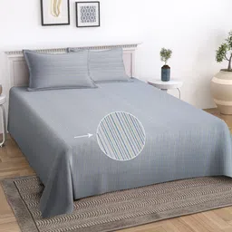 KLOTTHE Grey Striped 400 TC Pure Cotton Double King Bedcover With 2 Pillow covers-image-15
