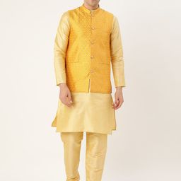 SOJANYA Men Golden & Mustard Yellow Solid Kurta with Churidar & Nehru Jacket-picture-15