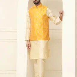 SOJANYA Men Golden & Mustard Yellow Solid Kurta with Churidar & Nehru Jacket-picture-43