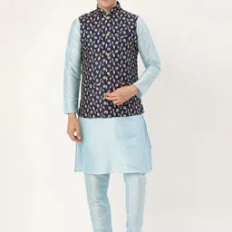 SOJANYA Men Blue & Golden Solid Kurta with Churidar & Nehru Jacket-picture-46