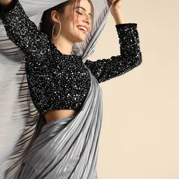 Sangria Grey & Silver-Toned Silk Blend Striped Saree-2