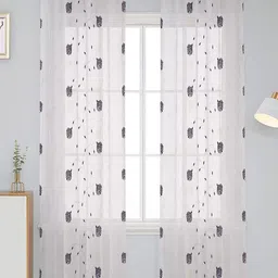 RIDHAAN Off White & Black Set of 2 Floral Sheer Long Door Curtain-4