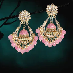 Zoey Gold-Plated Stone Studded & Beaded Contemporary Drop Earrings-54