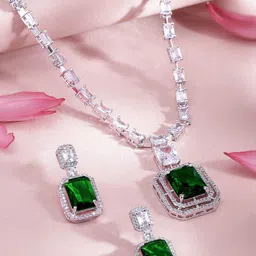 Rubans Rhodium-Plated Emerald Green & Cubic Zirconia Studded Necklace Set-18