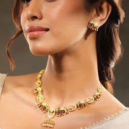 Rubans 22K Gold-Plated Cubic Zirconia Studded Elephant Motif Temple Necklace Set-44