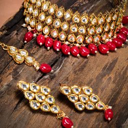 Zaveri Pearls Red Gold-Plated Kundan & Beads Studded Jewellery Set-image-26