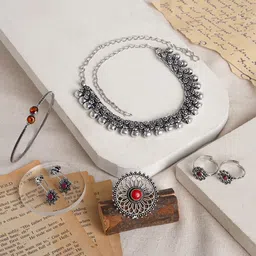 TEEJH Silver -Plated Stone Studded & Beaded Oxidised Jewellery Set-image-26