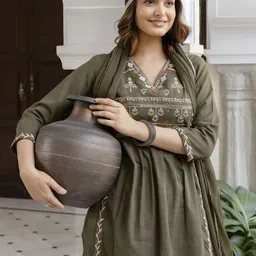 Anouk Yoke Design Pleated Thread Work Pure Cotton A-Line Kurta With Trousers & Dupatta-picture-39