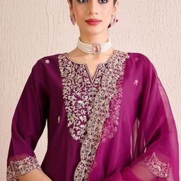 Indo Era Women Floral Embroidered Regular Sequinned Liva Kurta with Trousers & With Dupatta-picture-17